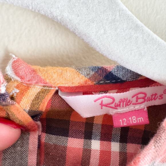 RuffleButts Pink + Brown Plaid Ruffle Bubble Romper - 12 to 18 Months Fall - Picture 3 of 8